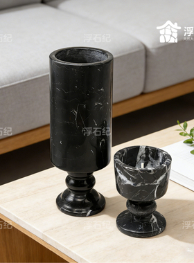 黑白根天然大理石花瓶黑色高筒客厅摆件创意简约精奢