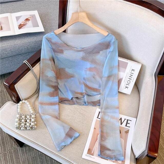 ເສື້ອຍືດແຂນຍາວຕາຫນ່າງ Tie-dye ສໍາລັບແມ່ຍິງ summer ຮູບແບບໃຫມ່ irregular slim ສັ້ນ bottoming ບາງດ້ານເທິງປ້ອງກັນແສງແດດ