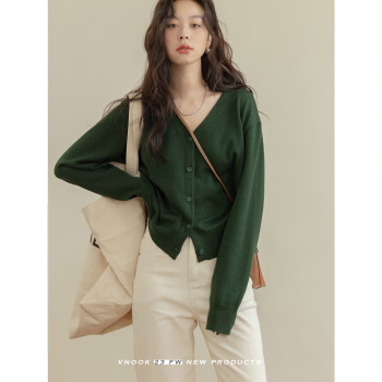 VNOOK Solid Color Sweater Cardigan Women's V-neck Fall and Winter New Style Drop Shoulder Loose Casual Lazy Style Short Jacket