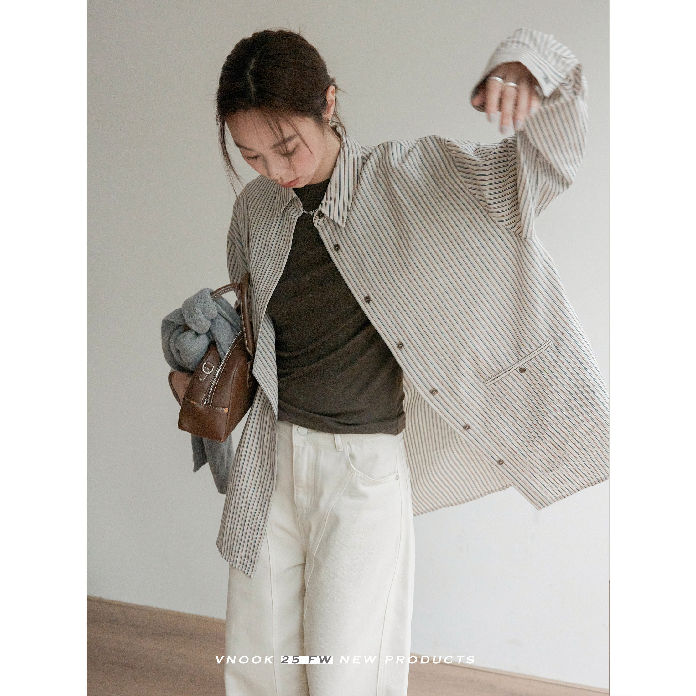 VNOOK 色织棉条纹长袖衬衫女秋季新款宽松设计感小众上衣翻领衬衣