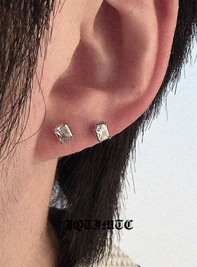 JQTIMTC《玻璃碎片》S925纯银耳钉男女锆石镶嵌方形养耳洞耳饰品
