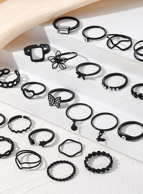 跨境电泳黑蝴蝶镶钻戒指混批珍珠戒指女小众高级关节戒指23件套装