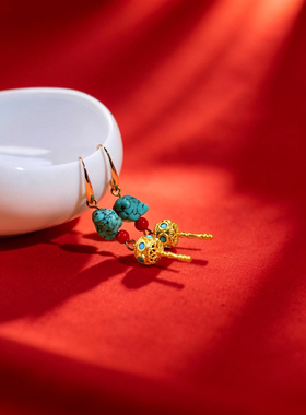 滇石记藏式复古绿松石耳饰