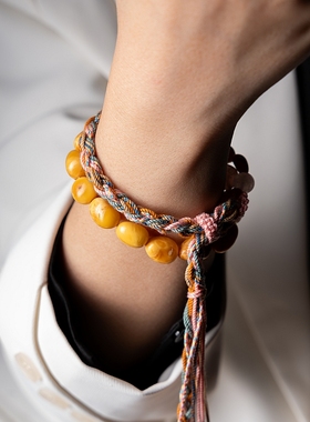 一物一图 . 天然蜜蜡藏式编绳手串 原创设计双圈民族风情侣手链