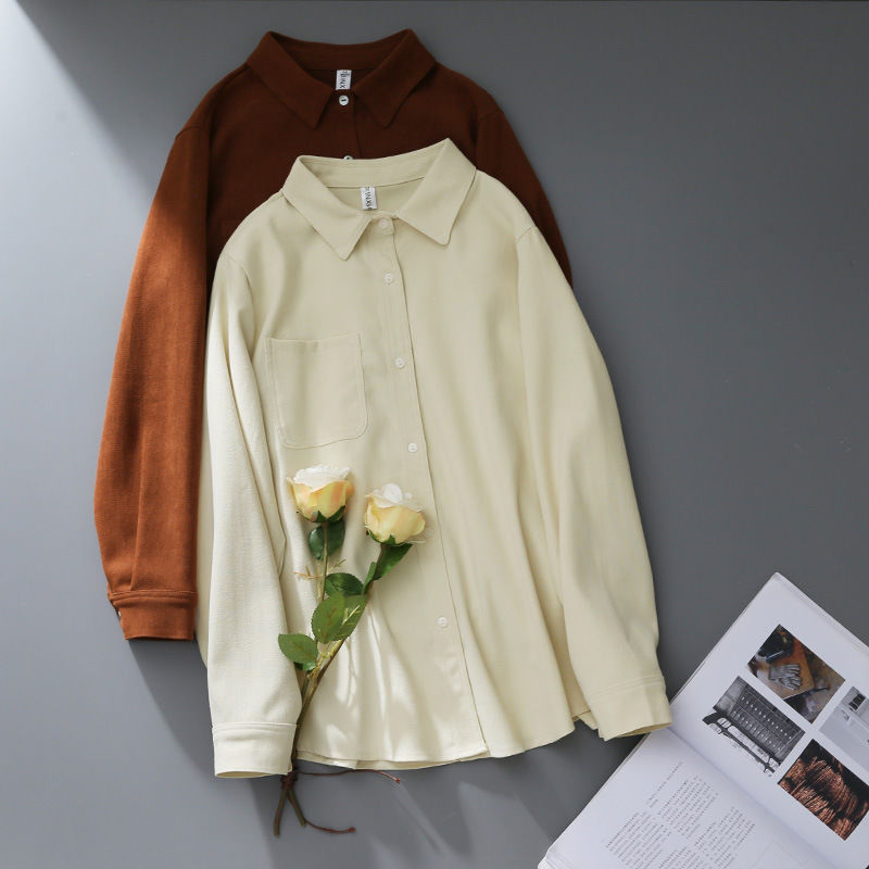 秋冬新款高级感磨毛叠穿长袖翻领衬衫女2024女装直筒单口袋上衣 - 图3