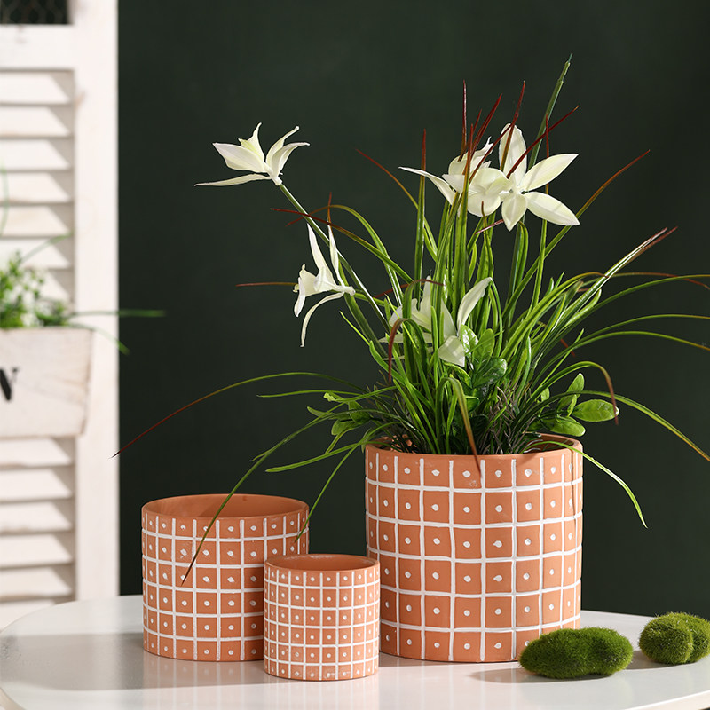 红陶土直筒几何图案机雕花盆 北欧ins风素烧透气大号绿植多肉盆栽,淘宝优惠券,粉丝福利购,淘宝优惠卷
