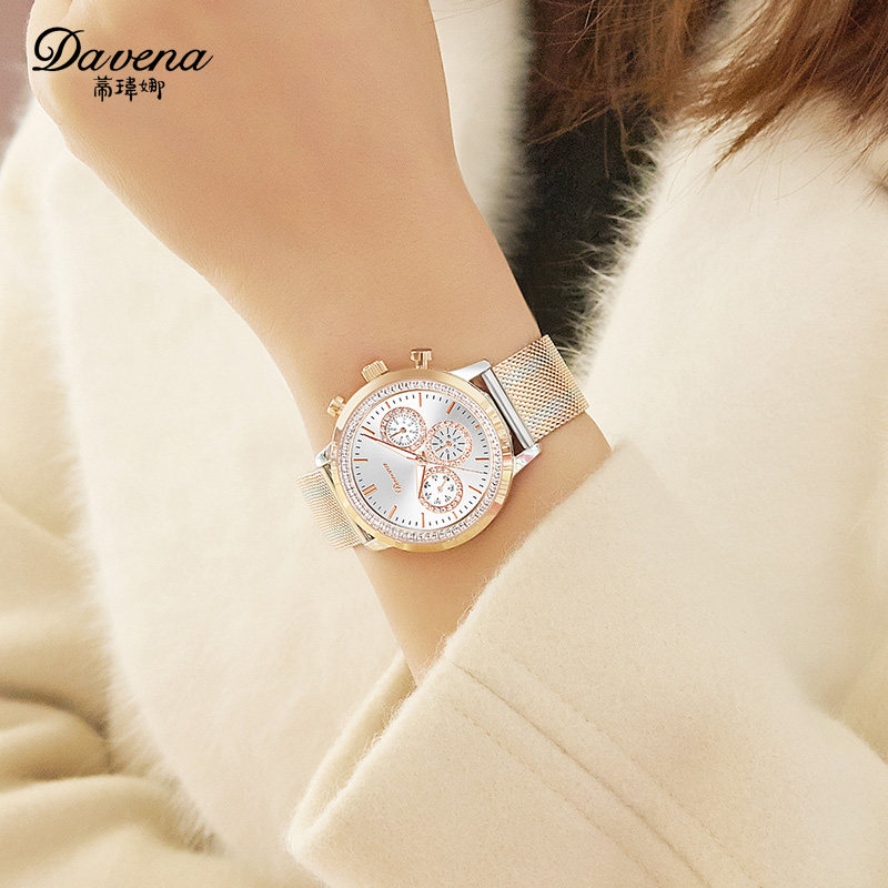 新款正品蒂玮娜davena钢带腕水钻表 davena童凯国产腕表