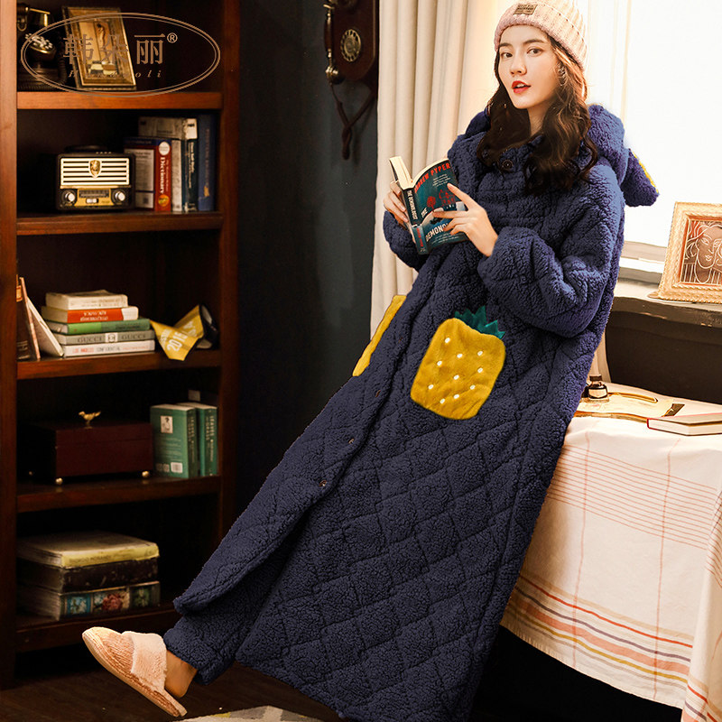 冬长款三层夹棉加厚新款珊瑚绒睡衣 韩朵丽睡袍/浴袍