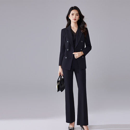 诗璐雅商务正装女长袖西装藏青色双排扣职业套装春秋公考面试西服 - 图3