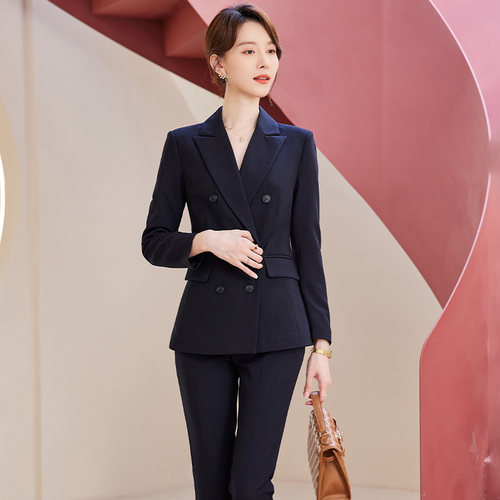 诗璐雅商务正装女长袖西装藏青色双排扣职业套装春秋公考面试西服 - 图1