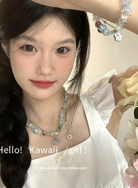 夏日蓝色琉璃花朵串珠项链手串