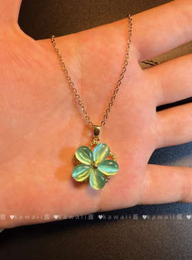 Vintage古着绿色可旋转幸运四叶草项链简约古早感气质锁骨链颈链