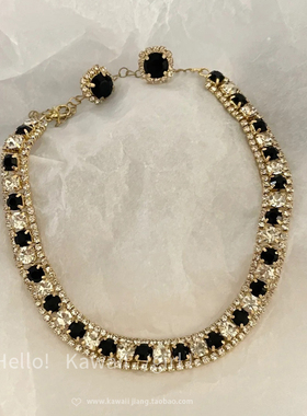 vintage小香风复古项链耳环套装法式重工名媛千金几何水钻锁骨链