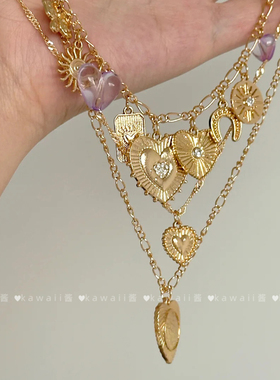Vintage古着金色爱心流苏吊坠项链小众高级感颈链个性夸张锁骨链