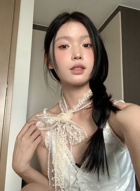ins韩系蕾丝飘带丝巾女复古