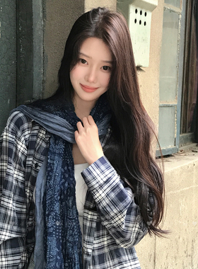 复古民族风藏蓝色褶皱碎花丝巾