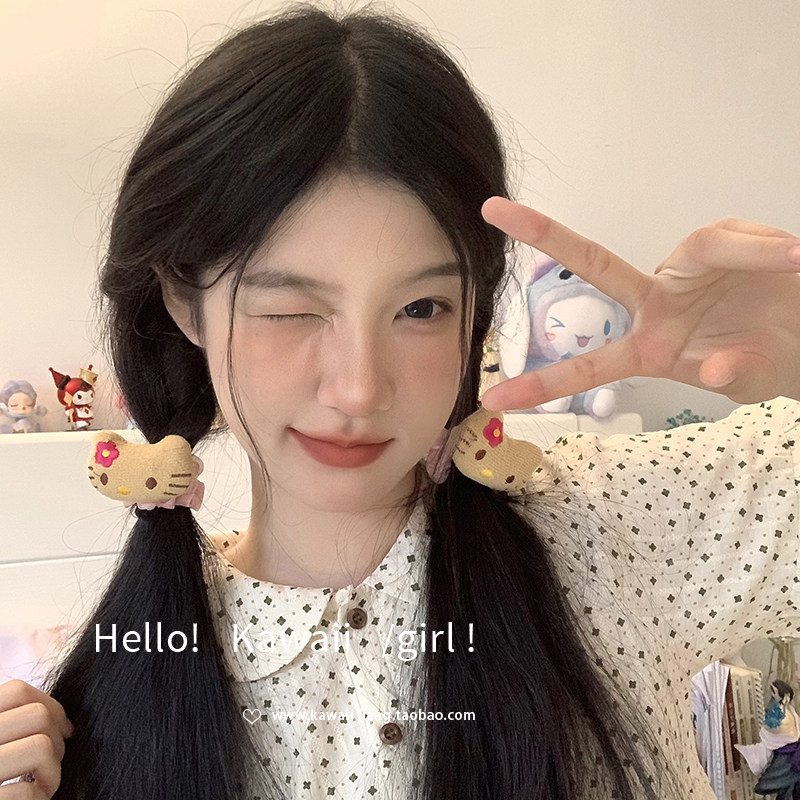 夏威夷度假黑皮helloKitty发圈女甜酷辣妹头绳碎发夹可爱毛绒头饰,淘宝优惠券,粉丝福利购,淘宝优惠卷
