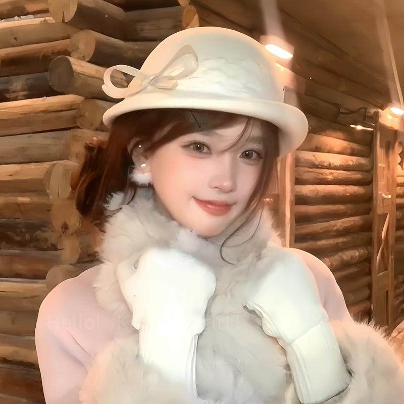 法式名媛蕾丝蝴蝶结羊毛呢贝雷帽女冬季2025新款赫本复古圆顶礼帽