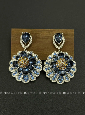 中古vintage蓝色锆石花朵耳环