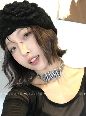 韩系慵懒氛围感黑色花朵冷帽