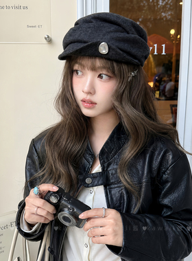 复古金属扣翘檐黑灰色报童马术帽子女春秋文艺褶皱贝雷帽显脸小潮