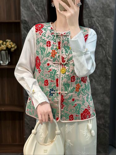 新中式国风重磅漳绒七彩缠枝牡丹马甲新中式国风圆领盘扣气质上衣 - 图1