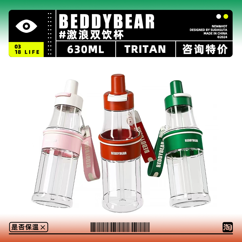 BEDDYBEAR 杯具熊激浪双饮透明塑料杯美式复古吸管直饮学生杯成毅 - 图0