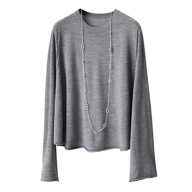 小众设计感 CHAO细美丽诺羊毛宽松A字下摆短款纯色长袖针织衫上衣 - 图3