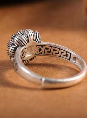 八瓣莲花戒指女款六字真言复古国潮民族风文艺范开口指环