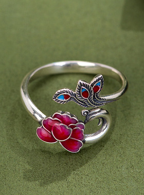 凤凰牡丹戒指女士复古民族风莲花