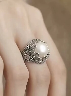 复古花朵仿珍珠戒指女款做旧国潮