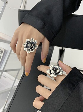 复古黑色花朵戒指女欧美个性