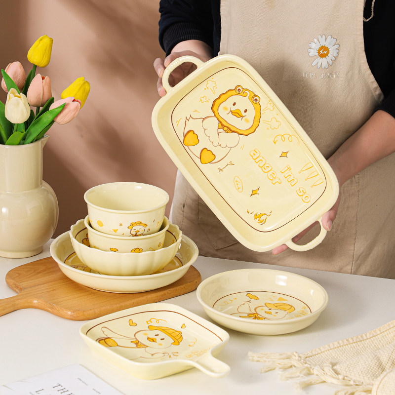 釉下彩卡通陶瓷盘碗餐具套装组合可爱奶油风家用鱼盘菜盘子米饭碗