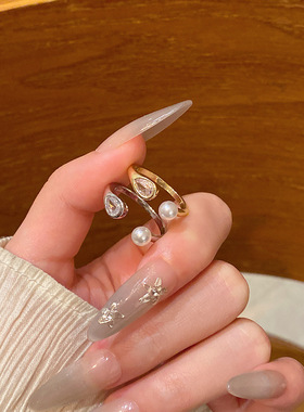 轻奢小众精致锆石开口戒指女森系简约时尚气质珍珠食指戒网红