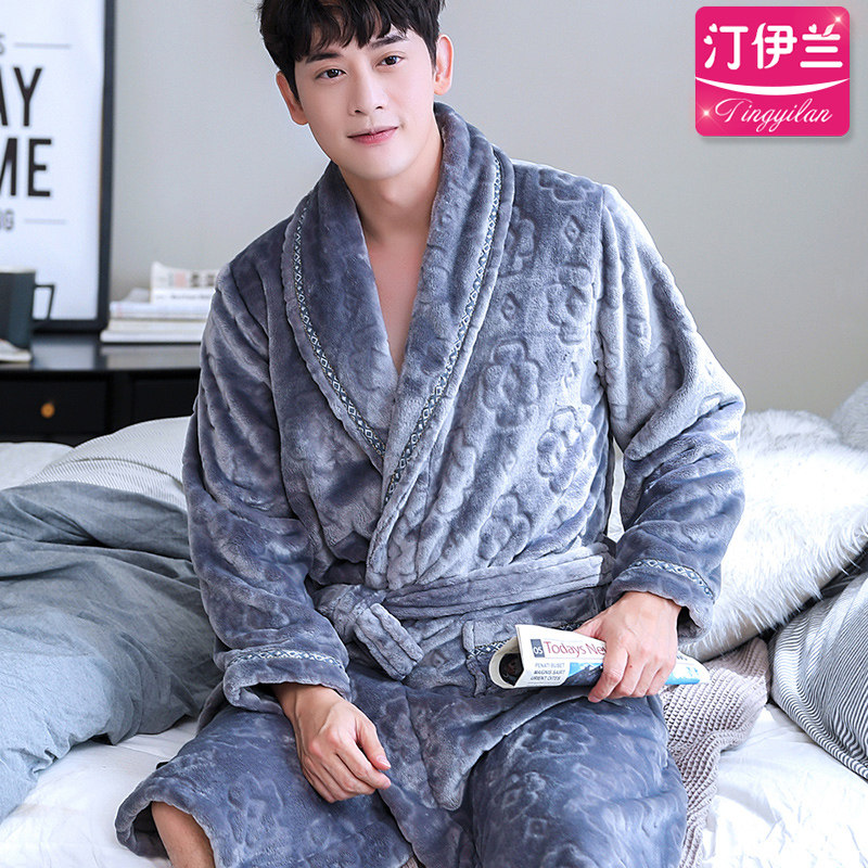 新款灰色男士加厚珊瑚绒冬天睡袍 汀伊兰睡袍/浴袍