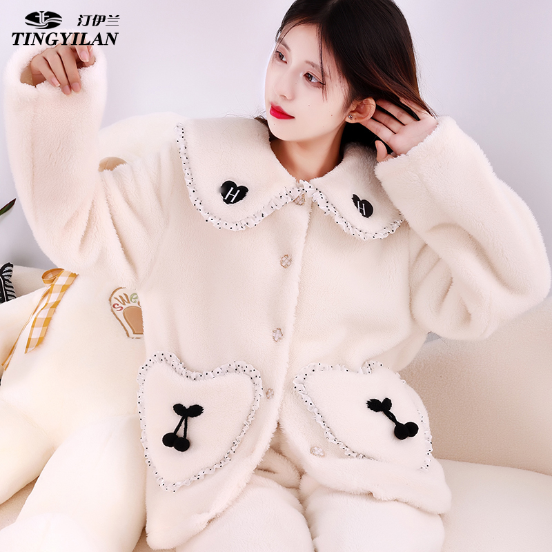 汀伊兰品牌爆款女士睡衣小香风高级保暖加绒加厚法兰绒家居服外穿 - 图2