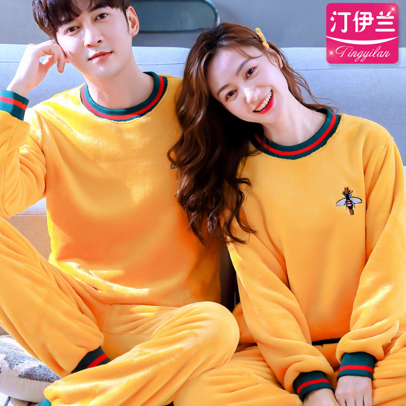 潮款情侣加厚秋冬天珊瑚绒套装睡衣 汀伊兰睡衣/家居服套装