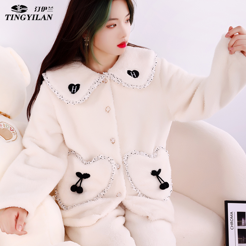 汀伊兰品牌爆款女士睡衣小香风高级保暖加绒加厚法兰绒家居服外穿 - 图3