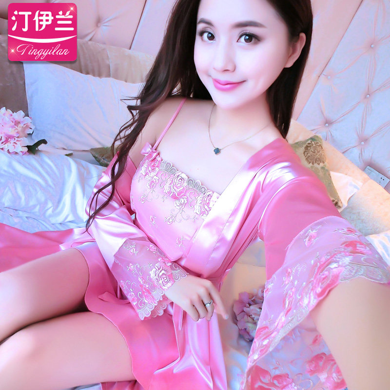 长袖两件套装丝绸夏季蕾丝吊带睡裙 汀伊兰睡裙