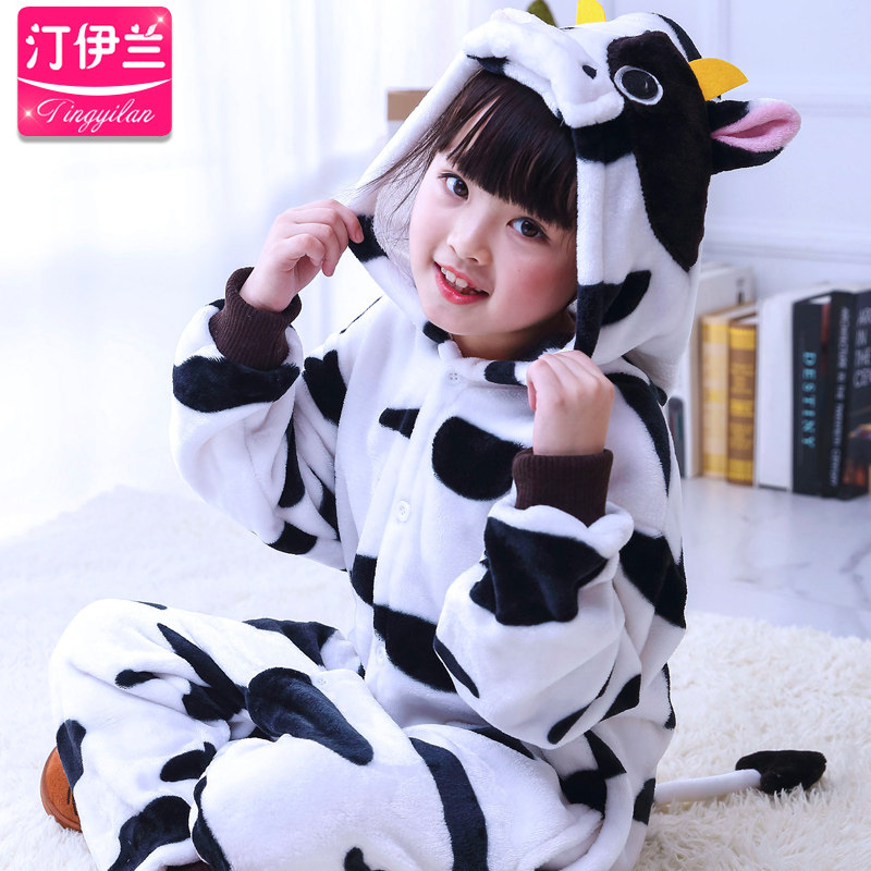 儿童卡通连体珊瑚绒动物奶牛睡衣 汀伊兰睡衣/家居服套装