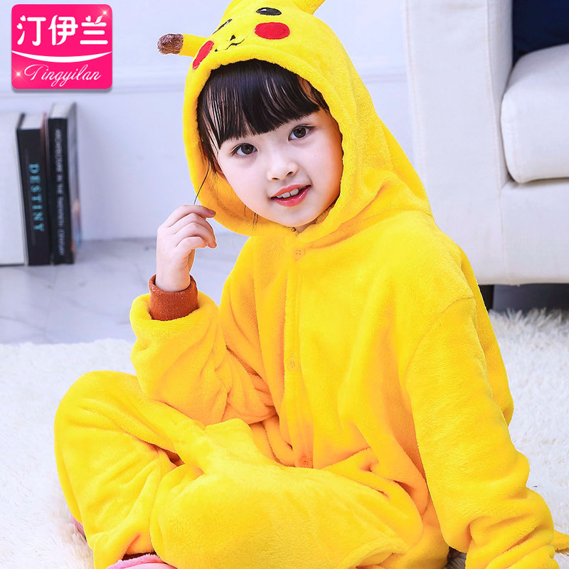 皮卡丘儿童卡通连体法兰绒睡衣 汀伊兰睡衣/家居服套装