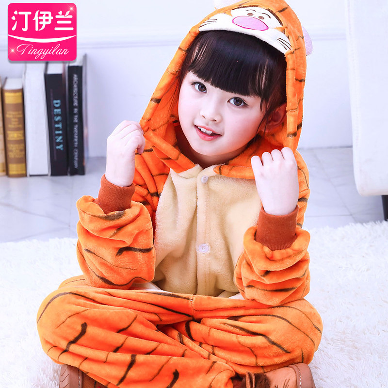 秋冬季跳跳小老虎法兰绒卡通睡衣 汀伊兰睡衣/家居服套装