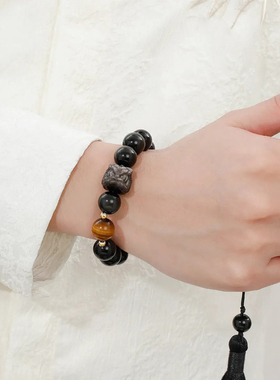 【附证书】天然黑曜石手串国潮银曜石醒狮情侣手链女男高级感礼物