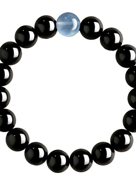 收藏级真天然乌金黑曜石手链男女海蓝宝补水晶手串招财转运珠礼物