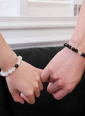 天然黑曜石手串男士昼夜之星情侣手链一对猫眼石串珠送男女友礼物