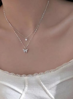 powkeen蝴蝶双层项链不掉色潮锁骨链气质叠戴颈链网红百搭女款