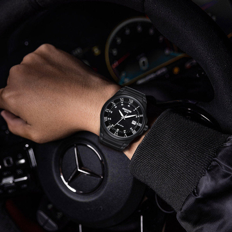 玛斯威顿光能男士精钢带日历男表 玛斯威顿国产腕表