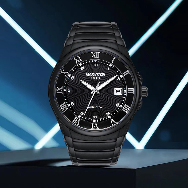 玛斯威顿光能男士精钢带日历男表 玛斯威顿国产腕表