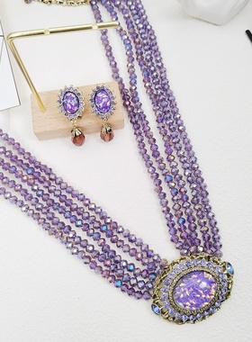 HD70莉杭饰品高端气质炫彩多层紫色几何镶钻复古做旧感耳饰项链