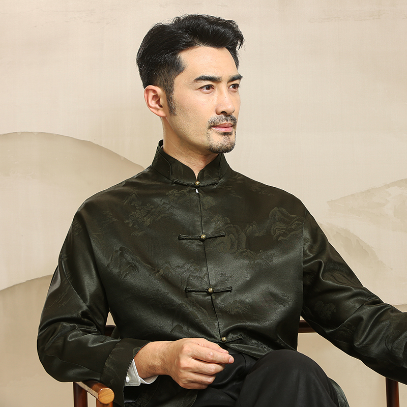 高端中老年唐装男中式真丝香云纱春秋外套中国风立领盘扣休闲上衣 - 图0